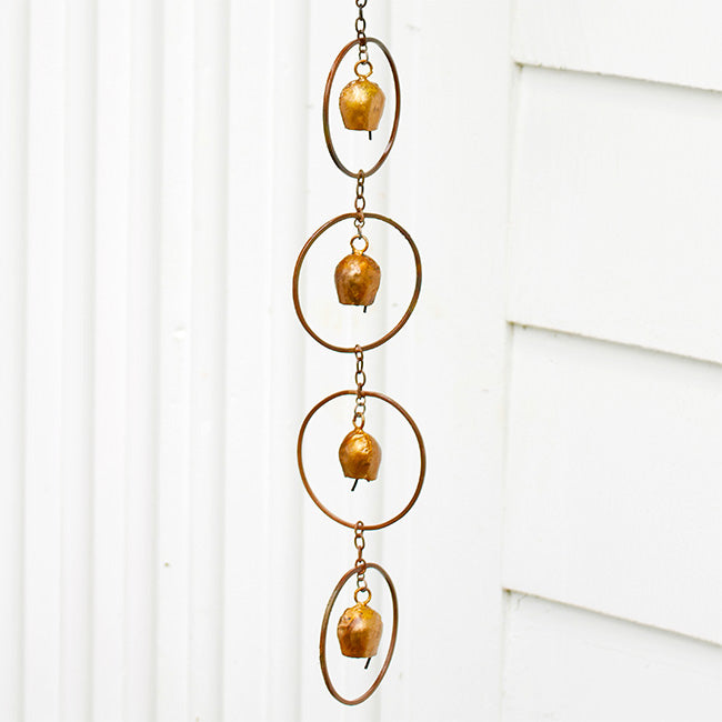 The Vesper Acoustic Copper Steel Rain Chain | 90" Decorative Gutter Downspout with Bells | Ancient Graffiti | Great Garden Gift