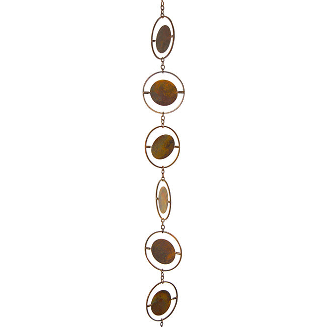 The Orbital Pluvials | 96" Flamed Copper Iron Square Rain Chain | Ancient Graffiti