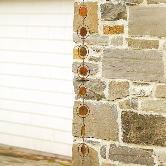 The Orbital Pluvials | 96" Flamed Copper Iron Square Rain Chain | Ancient Graffiti