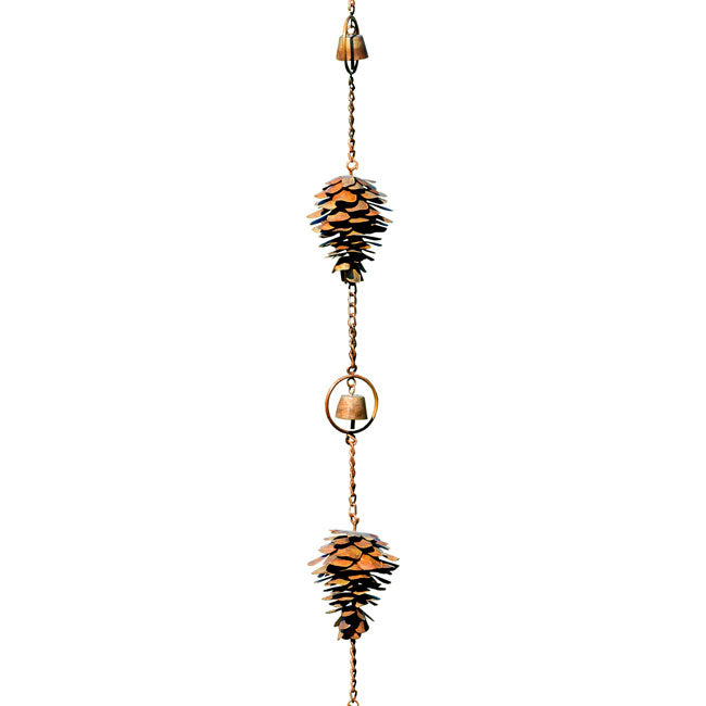 The Pine Cone Pinaceae Pendulum | 100" Flamed Copper Metal Bell Rain Chain | Ancient Graffiti