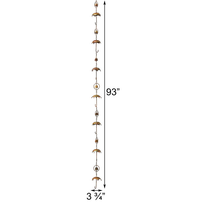 The Umbrella Parasol Spire | 93" Flamed Copper Steel Bell Rain Chain | Ancient Graffiti
