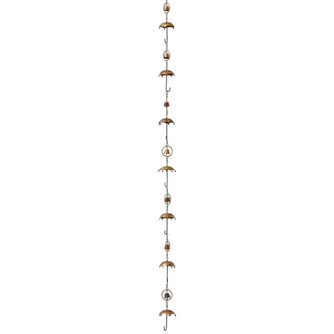 The Umbrella Parasol Spire | 93" Flamed Copper Steel Bell Rain Chain | Ancient Graffiti