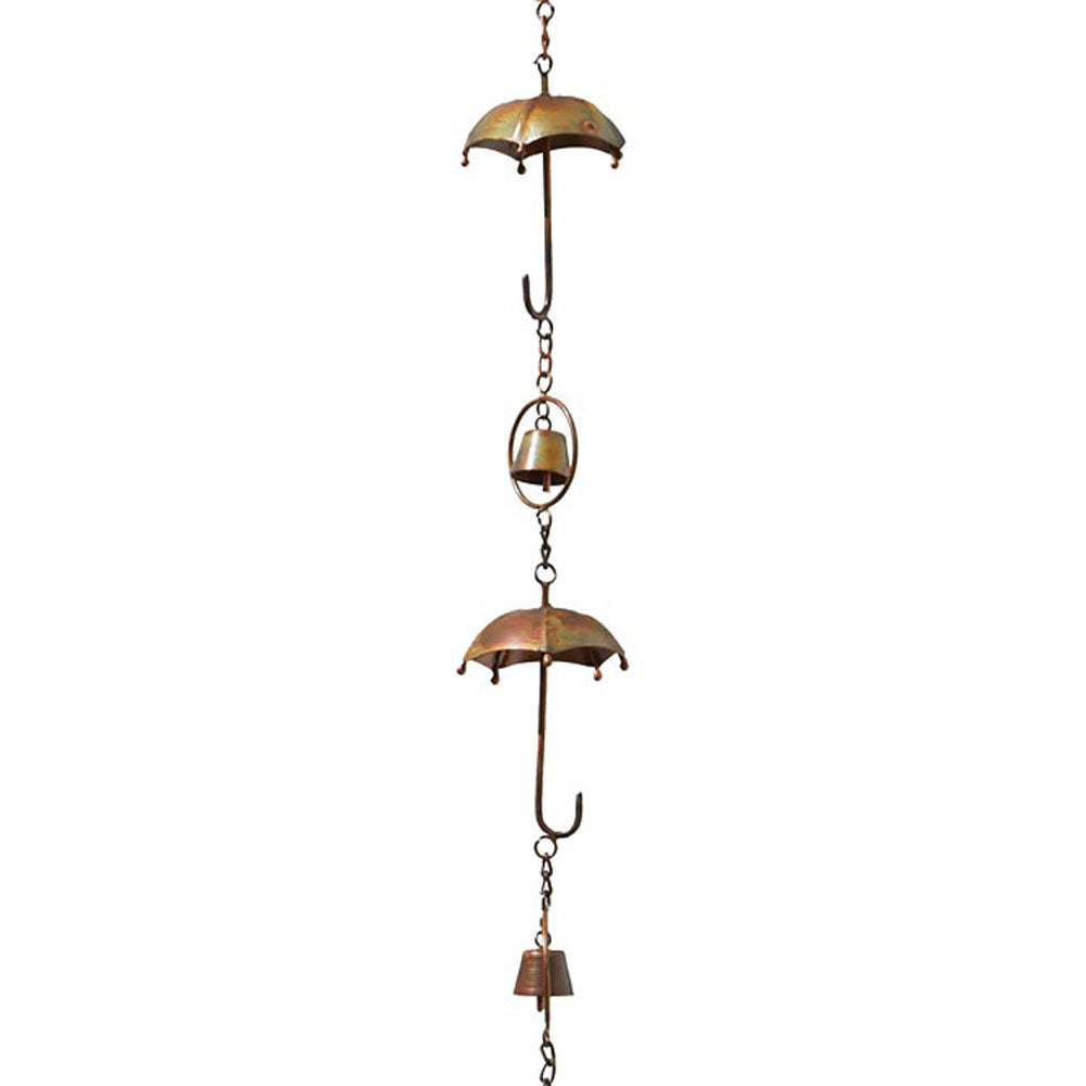 The Umbrella Parasol Spire | 93" Flamed Copper Steel Bell Rain Chain | Ancient Graffiti
