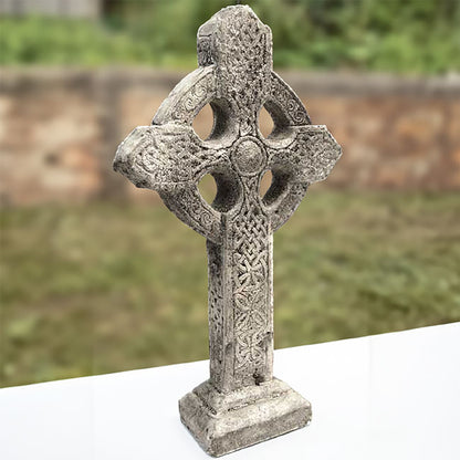 The 'Ringstone Cross' Garden Statue | Athens Stonecasting Pre-Aged Concrete Celtic Cross on Base