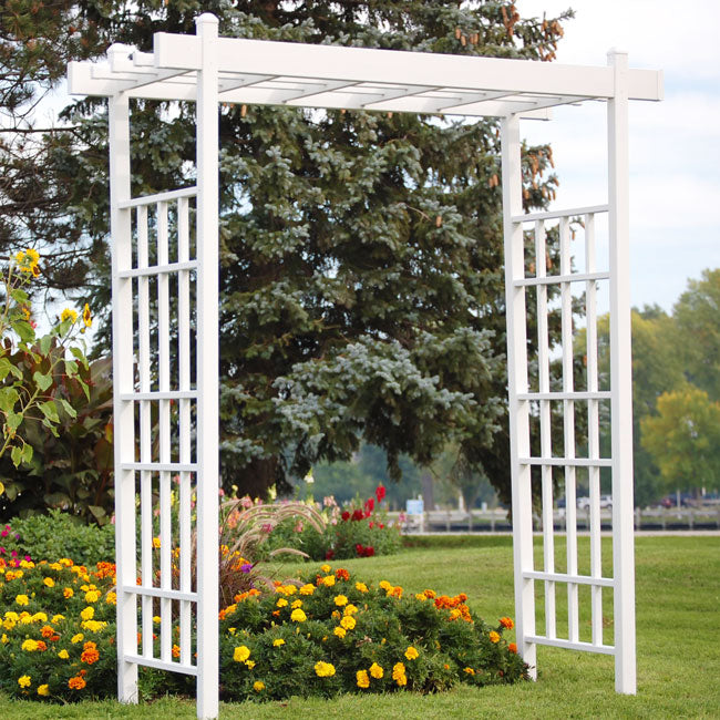 The 'Salt & Vine' Garden Arbor | Dura-Trel 85" White Vinyl Flat-Top Lattice Arbor