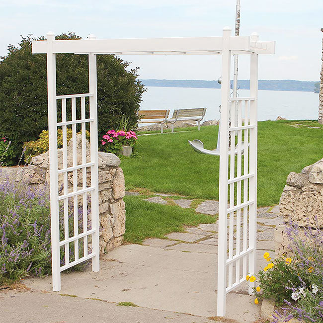 The 'Salt & Vine' Garden Arbor | Dura-Trel 85" White Vinyl Flat-Top Lattice Arbor