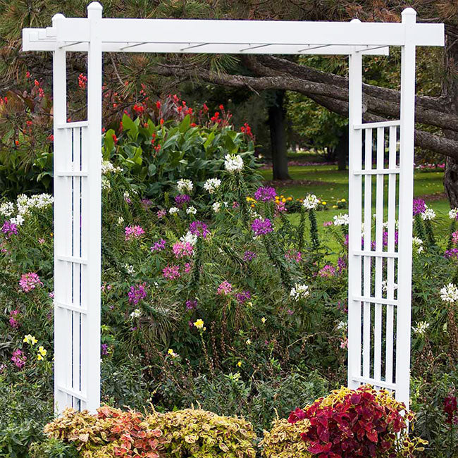 The 'Salt & Vine' Garden Arbor | Dura-Trel 85" White Vinyl Flat-Top Lattice Arbor