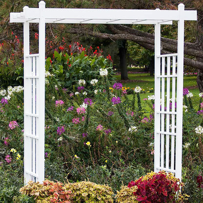 The 'Salt & Vine' Garden Arbor | Dura-Trel 85" White Vinyl Flat-Top Lattice Arbor