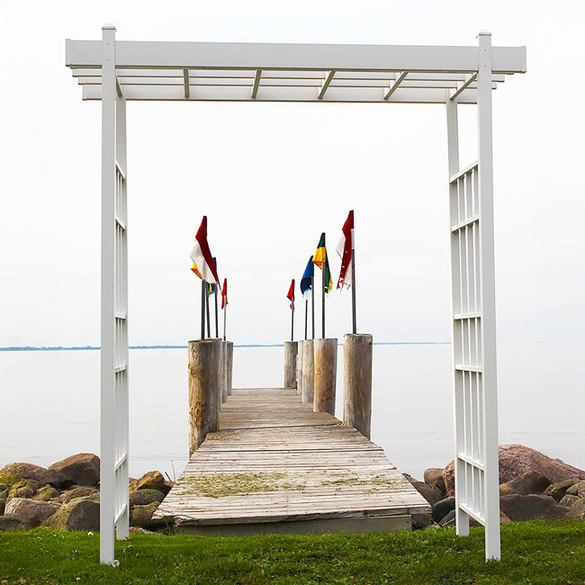 The 'Salt & Vine' Garden Arbor | Dura-Trel 85" White Vinyl Flat-Top Lattice Arbor