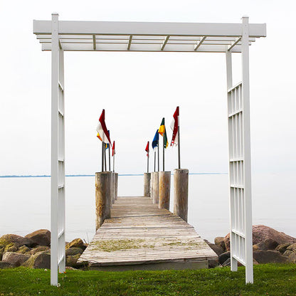 The 'Salt & Vine' Garden Arbor | Dura-Trel 85" White Vinyl Flat-Top Lattice Arbor