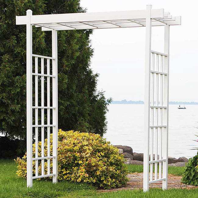 The 'Salt & Vine' Garden Arbor | Dura-Trel 85" White Vinyl Flat-Top Lattice Arbor