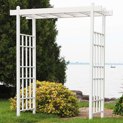 The 'Salt & Vine' Garden Arbor | Dura-Trel 85" White Vinyl Flat-Top Lattice Arbor