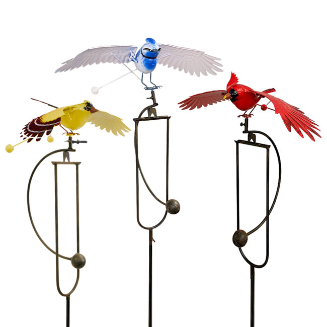 The 'Flock in Flight' Flying Bird Rocker Trio | Esschert Design Steel Cardinal, Blue Jay & Finch Garden Rocker Set