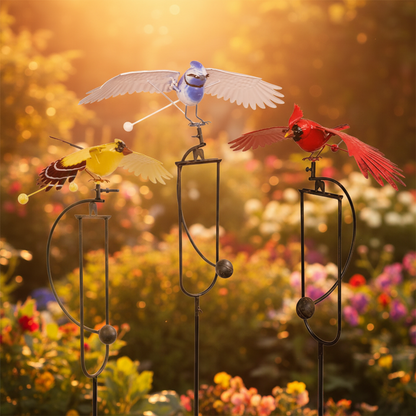 The 'Flock in Flight' Flying Bird Rocker Trio | Esschert Design Steel Cardinal, Blue Jay & Finch Garden Rocker Set