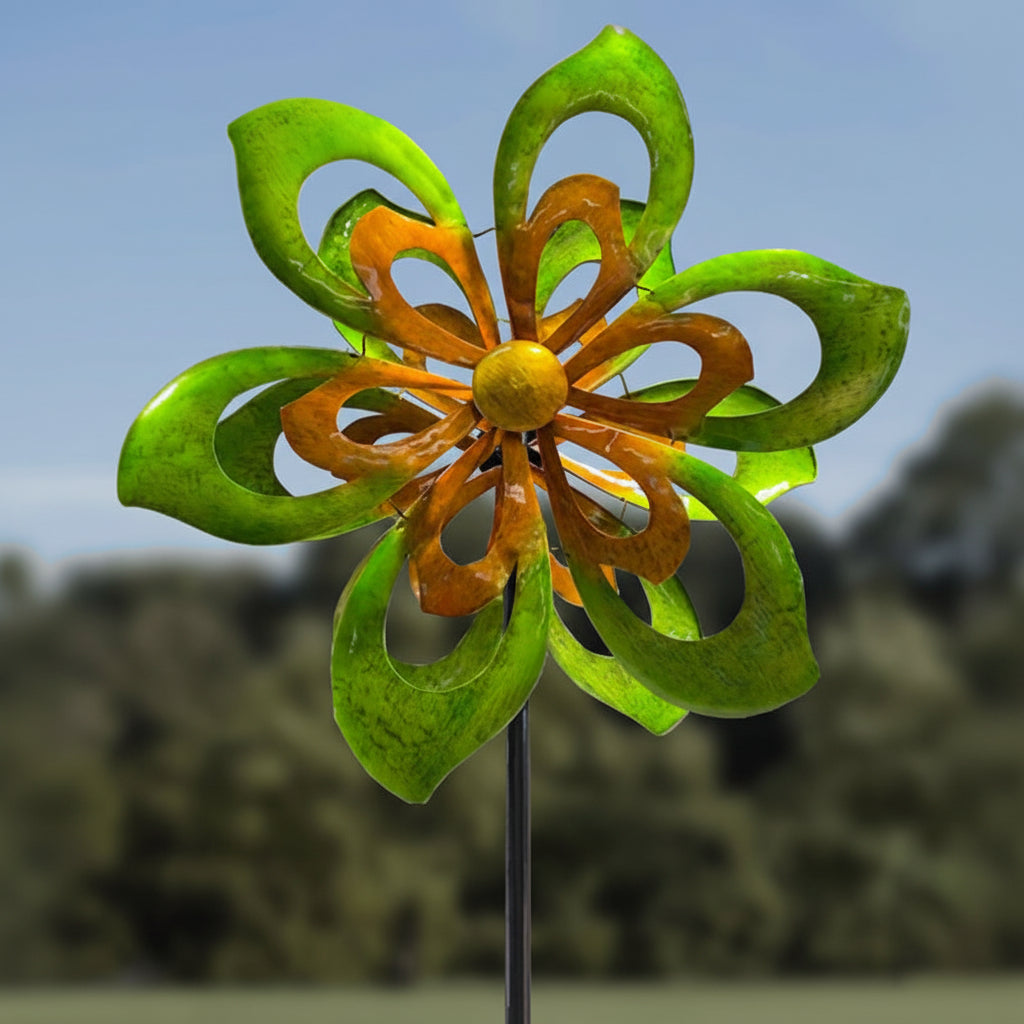 The Vernal Kinetic Cornerstone | 93" Orange and Green Floral Double Wind Spinner | Marshall Home & Garden