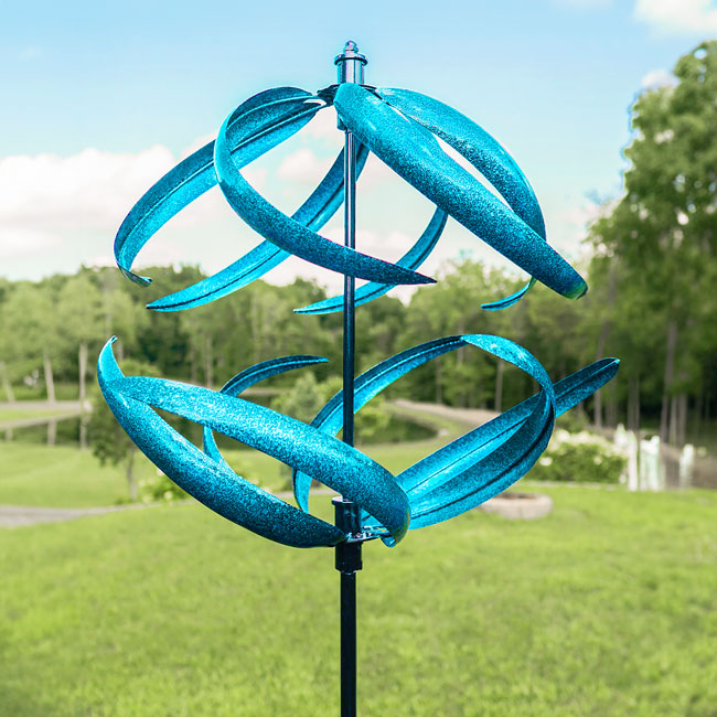 The Celestial Kinetic Keystone | 81" Blue Spherical Double Wind Spinner | Marshall Home & Garden