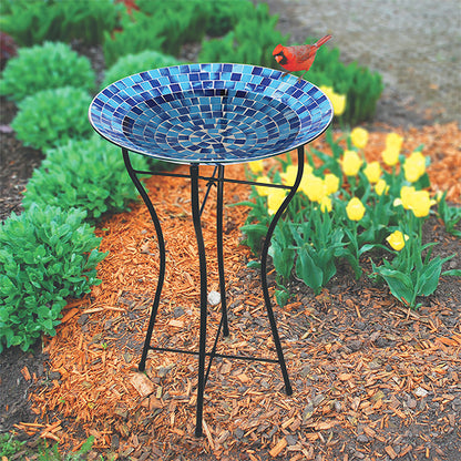 The 'Chromatic Trifecta' Glass Mosaic Bird Bath Collection | Audubon 15" Glass Mosaic Bird Baths with Folding Steel Stands — Set of 3