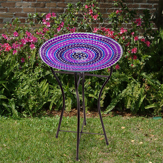 The 'Chromatic Trifecta' Glass Mosaic Bird Bath Collection | Audubon 15" Glass Mosaic Bird Baths with Folding Steel Stands — Set of 3