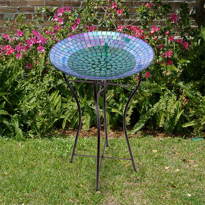The 'Chromatic Trifecta' Glass Mosaic Bird Bath Collection | Audubon 15" Glass Mosaic Bird Baths with Folding Steel Stands — Set of 3