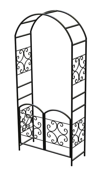 The Scrollwork Estate Gateway | 90" Black Steel Gated Garden Arbor | Panacea
