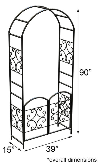 The Scrollwork Estate Gateway | 90" Black Steel Gated Garden Arbor | Panacea