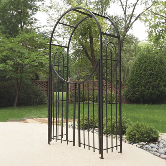 The 'Gilded Gateway' Arch Topped Garden Arbor with Gate | Panacea Products Brushed Bronze Steel Garden Arch