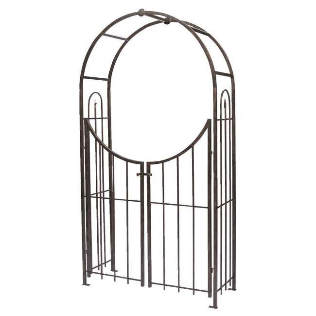 The 'Gilded Gateway' Arch Topped Garden Arbor with Gate | Panacea Products Brushed Bronze Steel Garden Arch