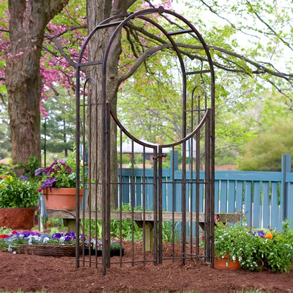 The 'Gilded Gateway' Arch Topped Garden Arbor with Gate | Panacea Products Brushed Bronze Steel Garden Arch