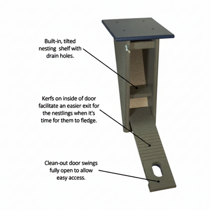 Inside View of Peterson poly-lumber bluebird house showing nest shelf, kerfs, and cleanout panel.