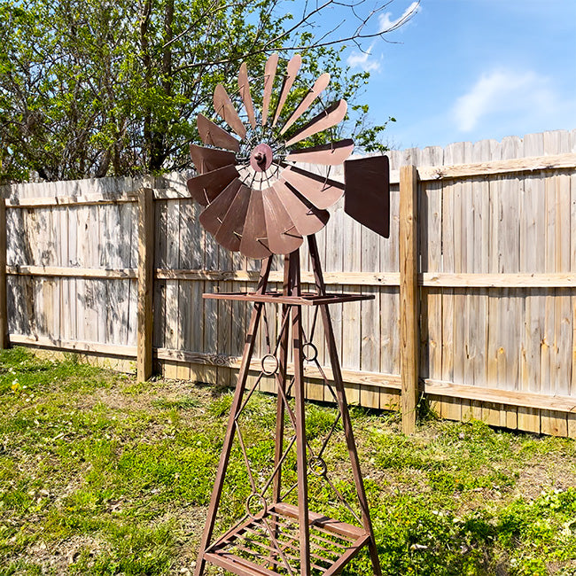 The 'Turbine Trellis' Kinetic Windmill Obelisk | 70" Rustic Metal Garden Windmill Trellis