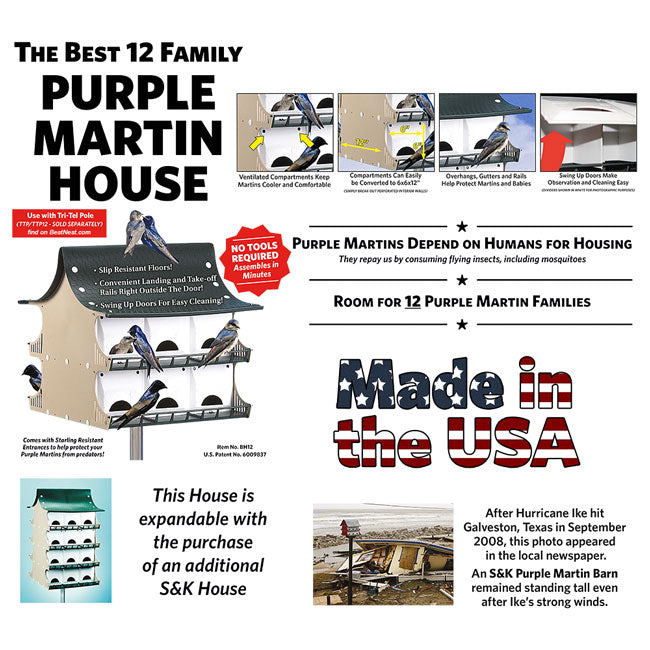 The 'Grand Gatekeeper' Purple Martin House | S&K 12-Room Starling-Resistant Pole-Mount Habitat