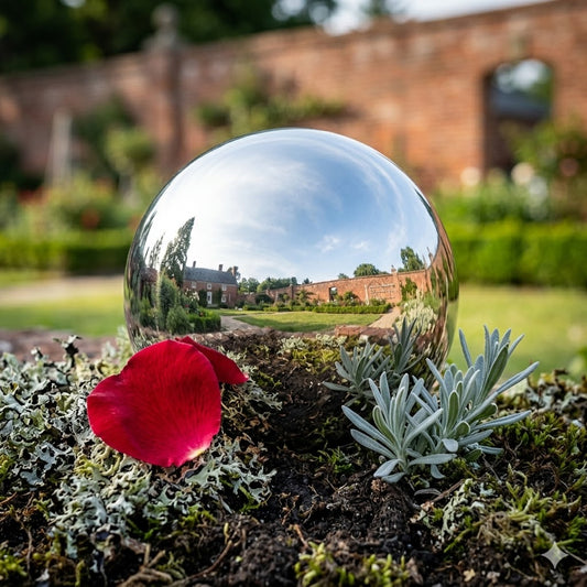 The Orbital Ethereal Anchor | 8" Stainless Steel Gazing Ball & Mirrored Garden Globe | Rome Industries