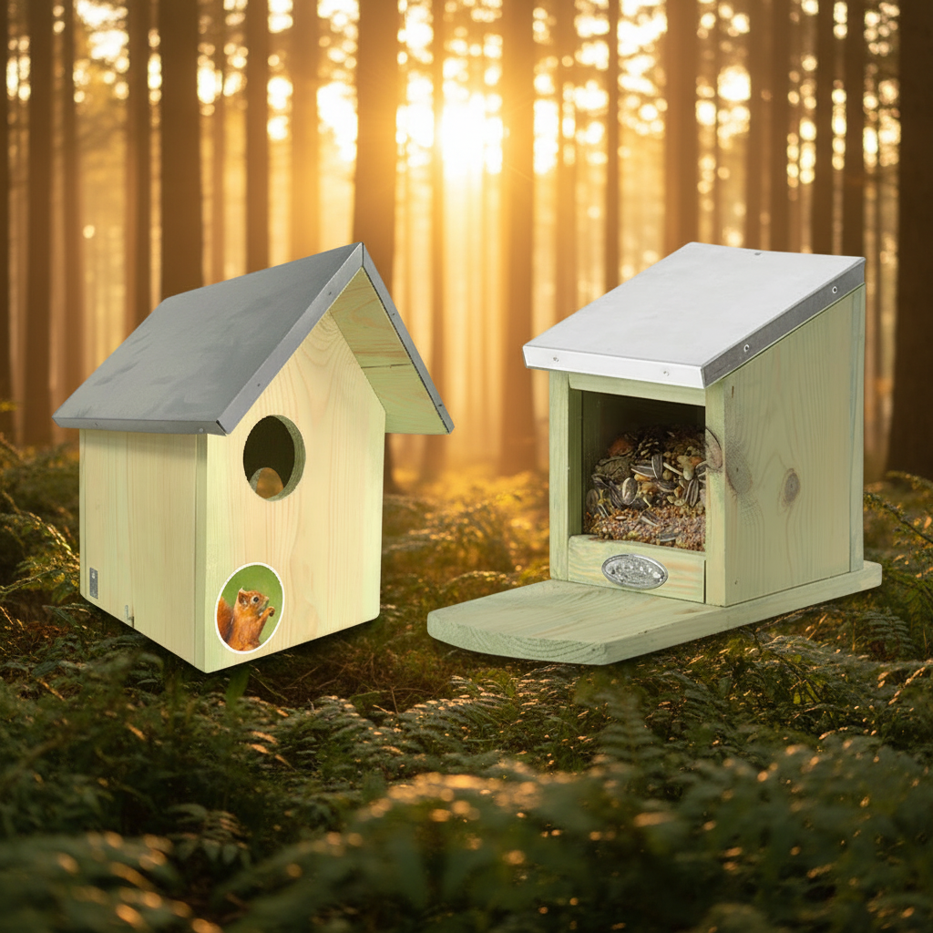 The 'Countryside Bed & Breakfast' Squirrel Habitat Matched Set | Esschert Design Squirrel House, Feeder, Nesting Chips & Premium Seed Blend