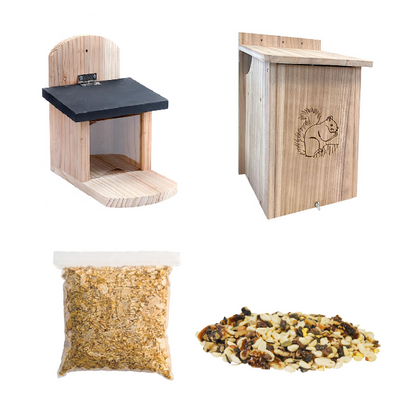 The 'Eat & Retreat' Squirrel Habitat Matched Set | Wood Squirrel House, Cedar Feeder, Nesting Chips & Premium Seed Blend
