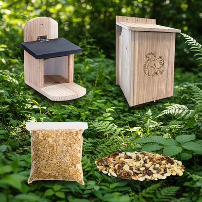 The 'Eat & Retreat' Squirrel Habitat Matched Set | Wood Squirrel House, Cedar Feeder, Nesting Chips & Premium Seed Blend