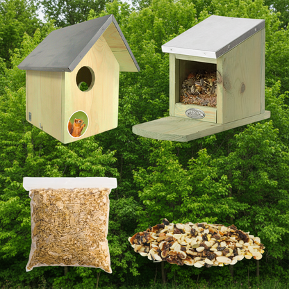 The 'Countryside Bed & Breakfast' Squirrel Habitat Matched Set | Esschert Design Squirrel House, Feeder, Nesting Chips & Premium Seed Blend