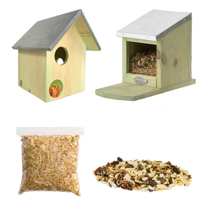 The 'Countryside Bed & Breakfast' Squirrel Habitat Matched Set | Esschert Design Squirrel House, Feeder, Nesting Chips & Premium Seed Blend