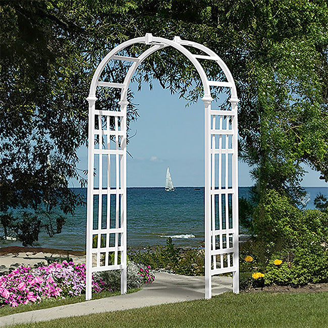 The Corinthian Arched Estate Sanctuary Arbor | 80" White Weather-Proof Vinyl Garden Arch | New England Arbors