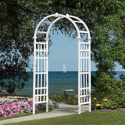 The Corinthian Arched Estate Sanctuary Arbor | 80" White Weather-Proof Vinyl Garden Arch | New England Arbors