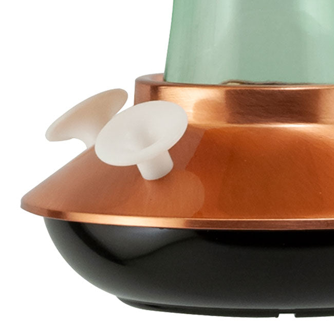The "Aeon-15" Mid-Century Vitreous & Copper Station | 15 oz. Sage Glass Hummingbird Feeder Hub | Woodlink