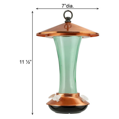 The "Aeon-15" Mid-Century Vitreous & Copper Station | 15 oz. Sage Glass Hummingbird Feeder Hub | Woodlink