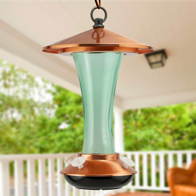 The "Aeon-15" Mid-Century Vitreous & Copper Station | 15 oz. Sage Glass Hummingbird Feeder Hub | Woodlink