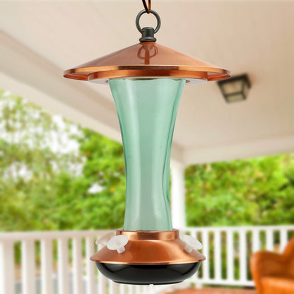 The "Aeon-15" Mid-Century Vitreous & Copper Station | 15 oz. Sage Glass Hummingbird Feeder Hub | Woodlink
