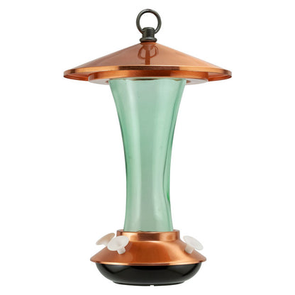 The "Aeon-15" Mid-Century Vitreous & Copper Station | 15 oz. Sage Glass Hummingbird Feeder Hub | Woodlink