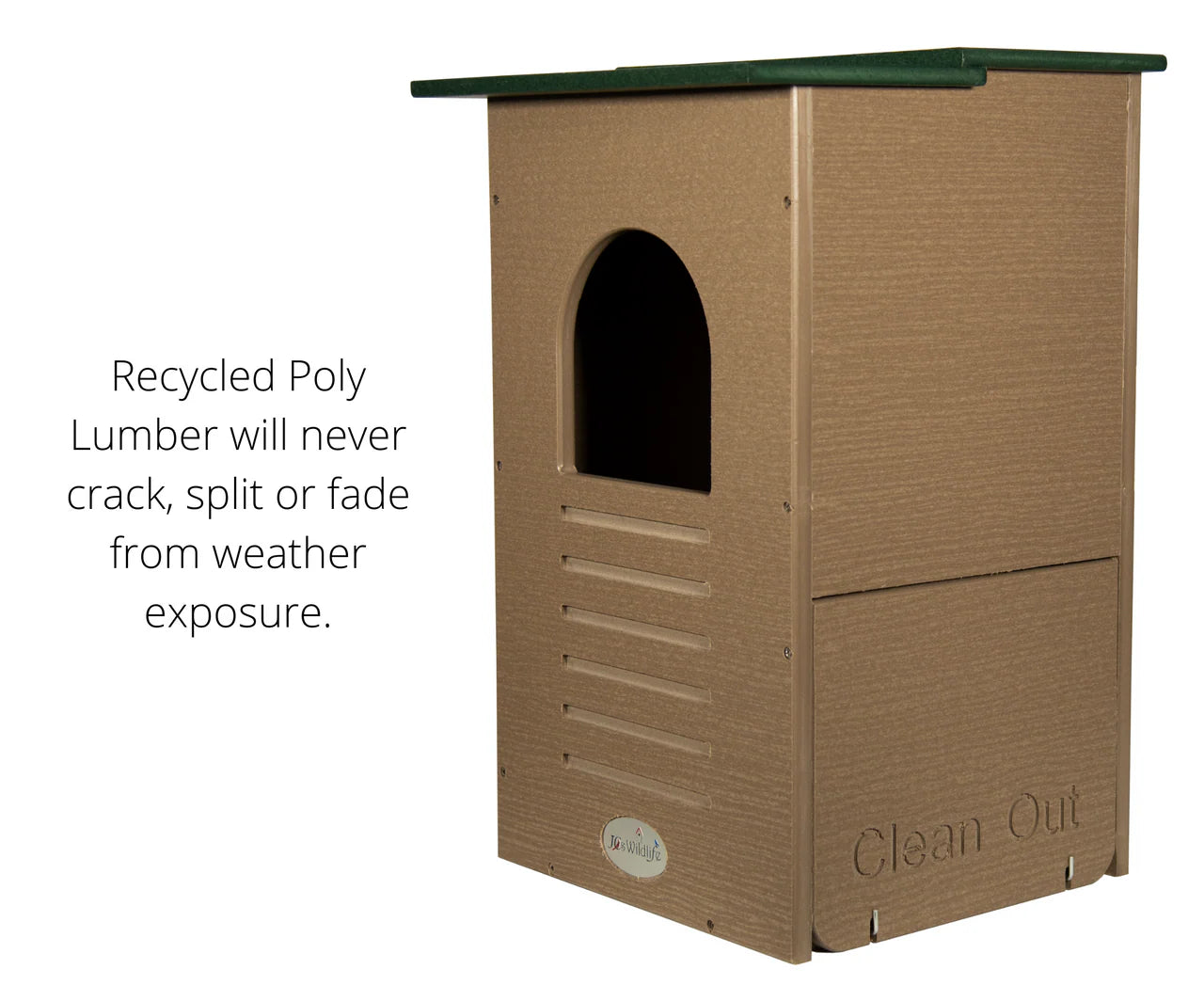 Barred Owl nesting box showing advantages of Recycled Poly-Lumber Material.