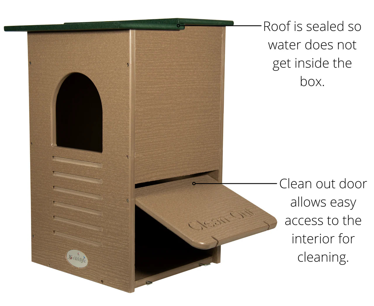 Side View Recycled Poly-Lumber Barred Owl nesting box featuring easy clean out door.