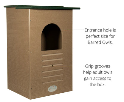 Recycled Poly-Lumber Barred Owl nesting box highlighting entrance hole and grip grooves.