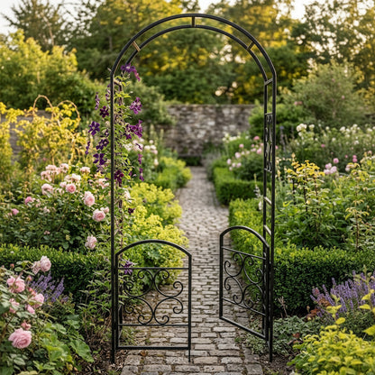 The Scrollwork Estate Gateway | 90" Black Steel Gated Garden Arbor | Panacea