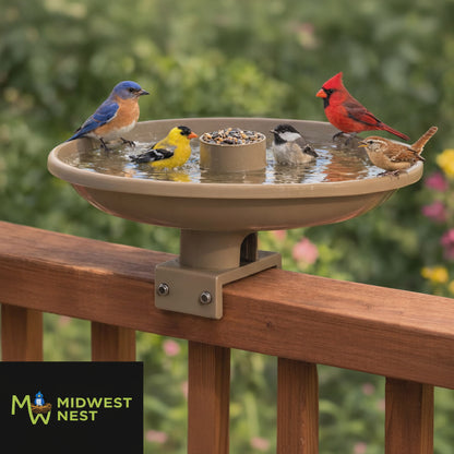 The "Vista-View" Heated Bird Bath & Bird Feeder | All-Season Deck Mount Resort | Farm Innovators