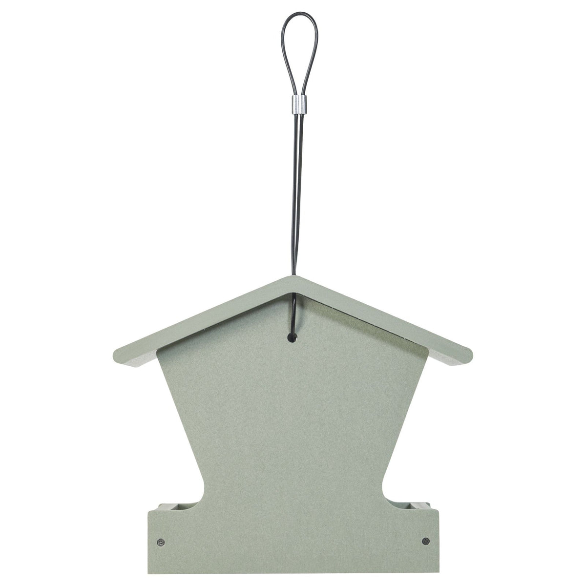 Close view of sage green recycled plastic hopper bird feeder